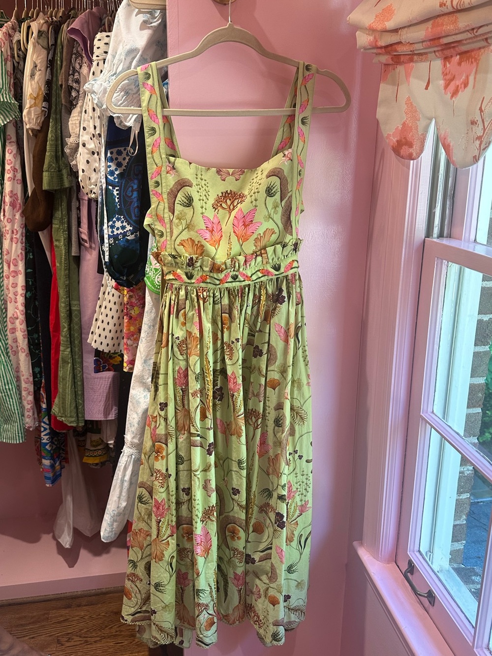 Agua by Agua Bendita Light Green Floral Midi Sundress with Pink Accents